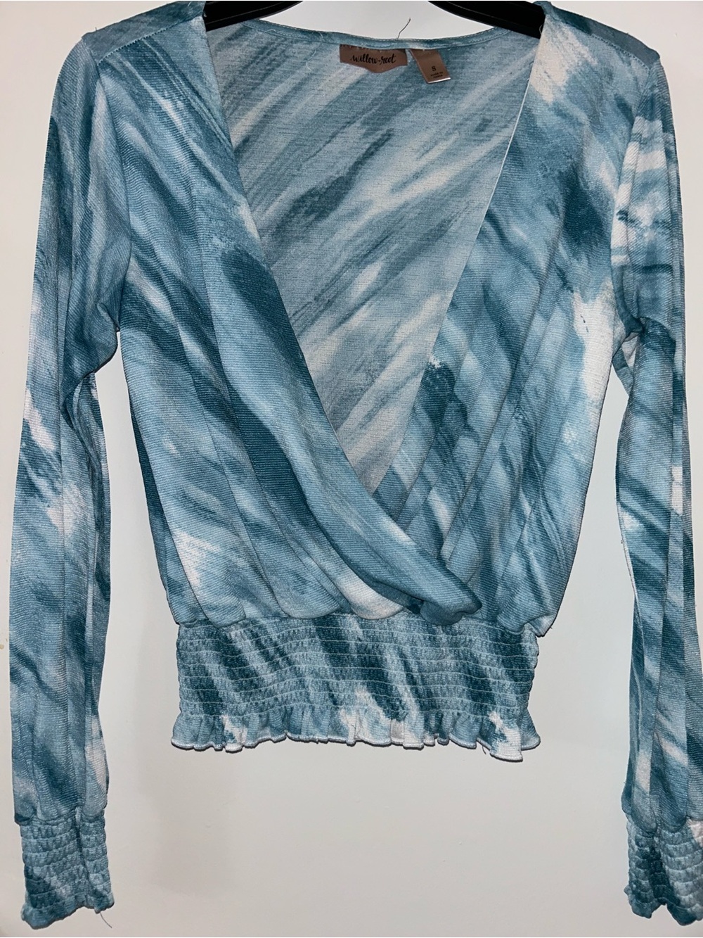 Waffle Root Blue Tie-Dye Wrap Blouse with Smocked Waist